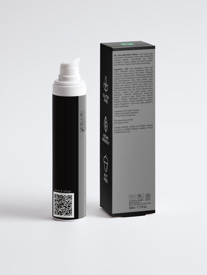 Anti age nachtcrème voor mannen in een zwarte pompflesje met zwarte verpakking, met beschrijving en ingrediënten