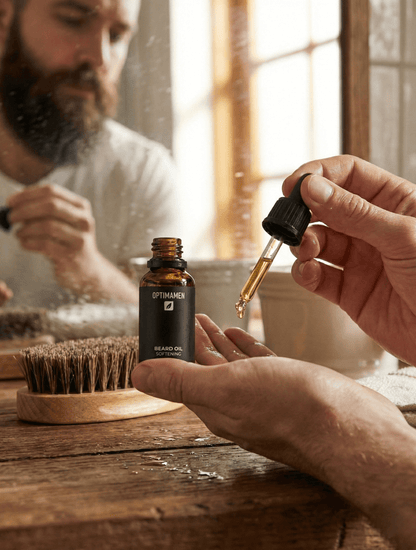 Baardverzorging voor mannen: het aanbrengen van voedende baardolie om baardjeuk te voorkomen en stugge haren te verzachten.