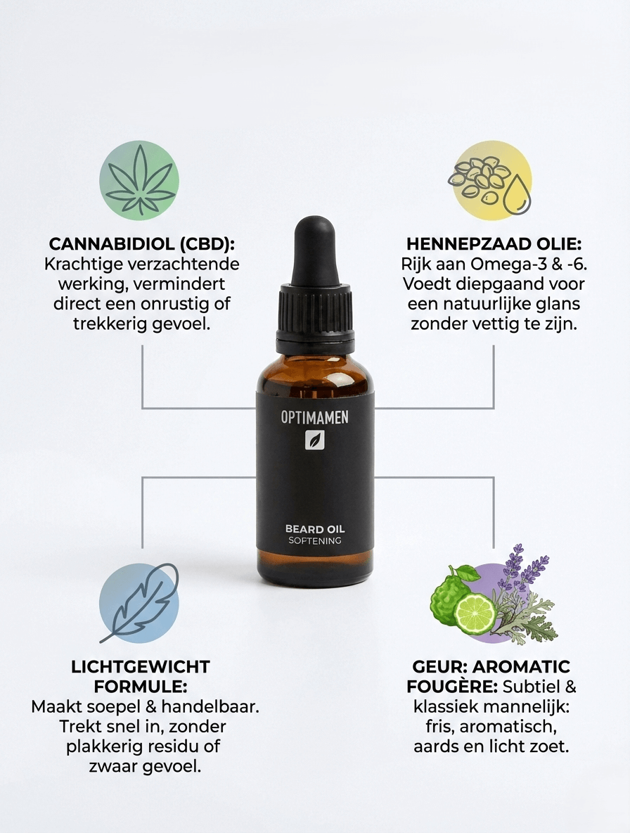 Voordelen van OPTIMAMEN baardolie: niet-vethoudende formule, bevordert een volle baardgroei en kalmeert irritatie bij de haarwortels.