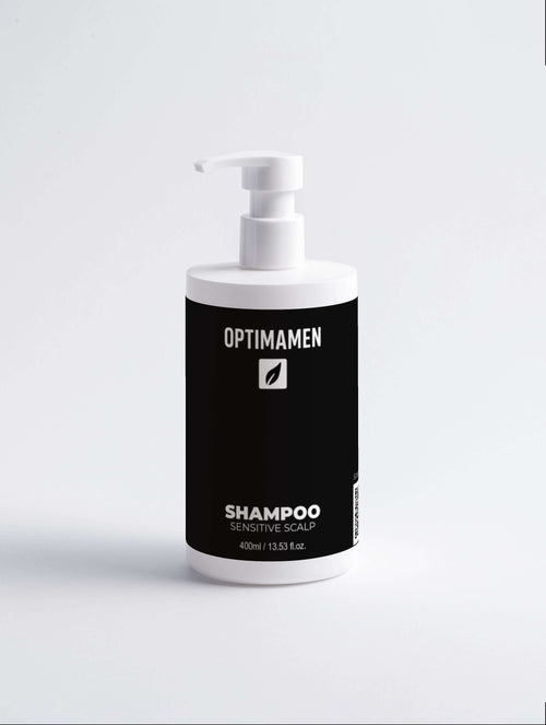 Shampoo gevoelige hoofdhuid voor mannen met zwart label op een witte achtergrond