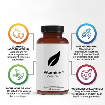 Infographic van Vitamine C Gebufferd (Magnesiumascorbaat): ondersteunt de weerstand, spierfunctie en is minder zuur voor een betere verdraagbaarheid
