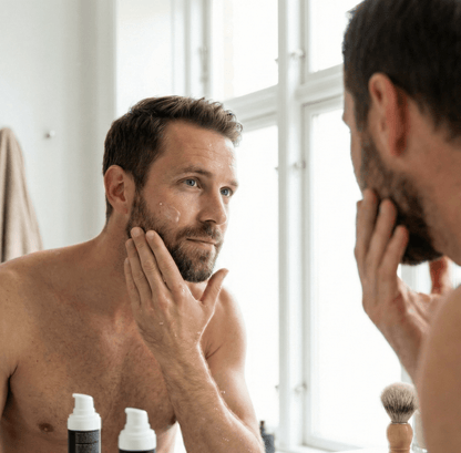 Gezichtsverzorging voor mannen: het aanbrengen van een verhelderend vitamine C serum voor een egale teint en minder pigmentvlekken.