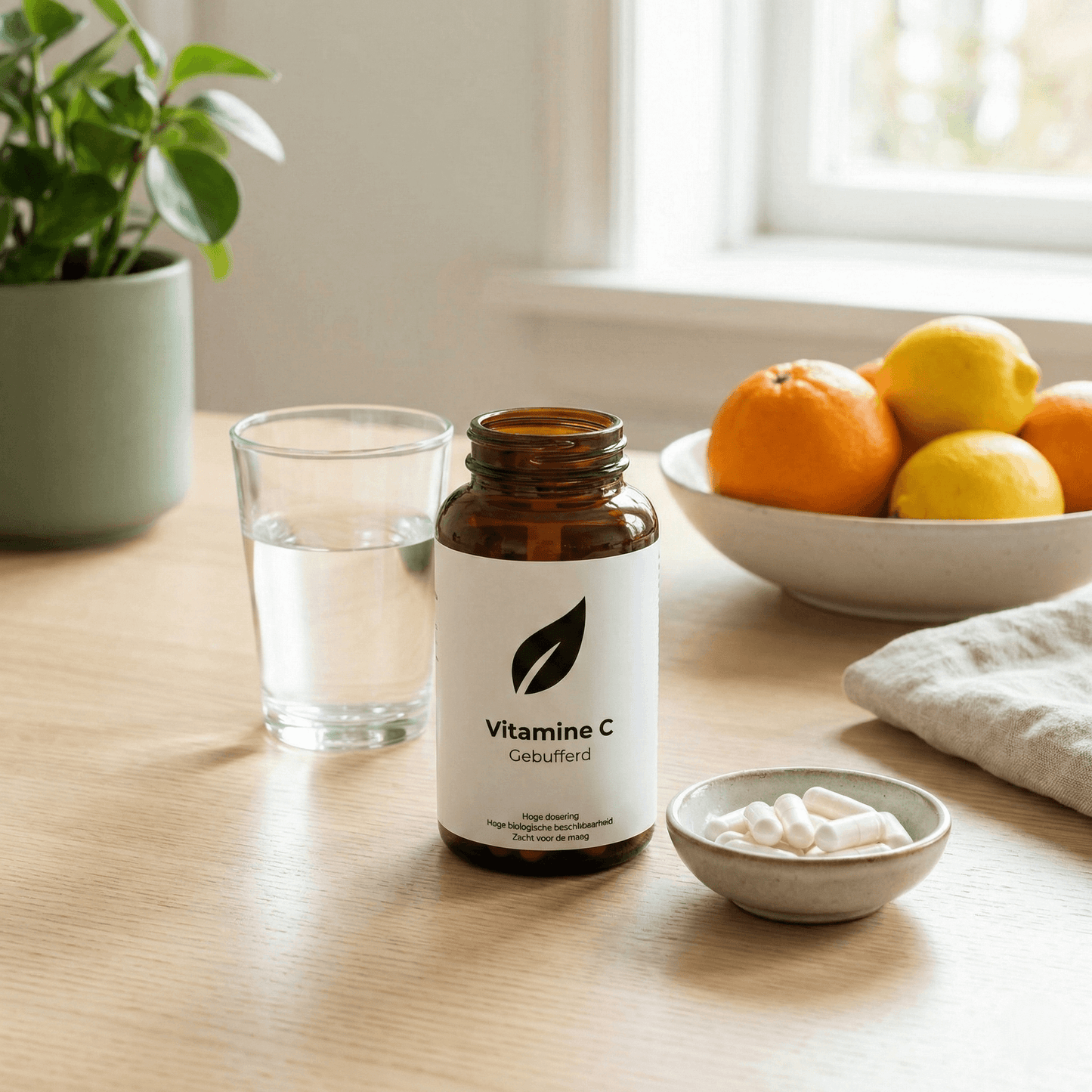 Gebufferde Vitamine C capsules van OptimaMen - maagvriendelijk supplement in een lifestyle setting met citrusvruchten.