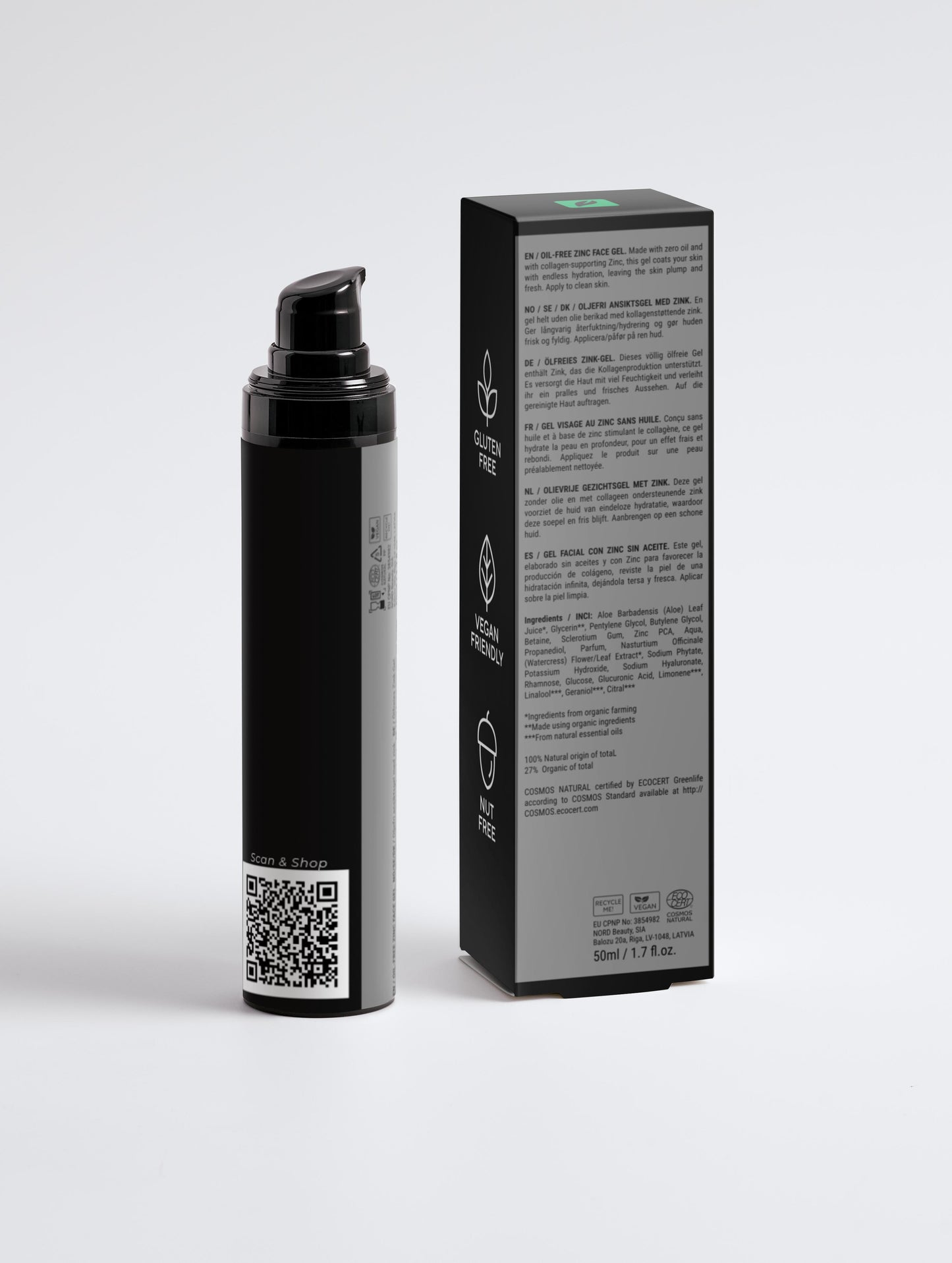 Olievrije moisturizer voor mannen in een zwarte verpakking met productinformatie op een witte achtergrond