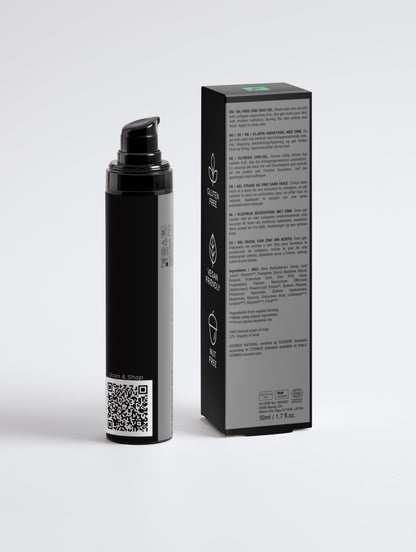 Olievrije moisturizer voor mannen in een zwarte verpakking met productinformatie op een witte achtergrond