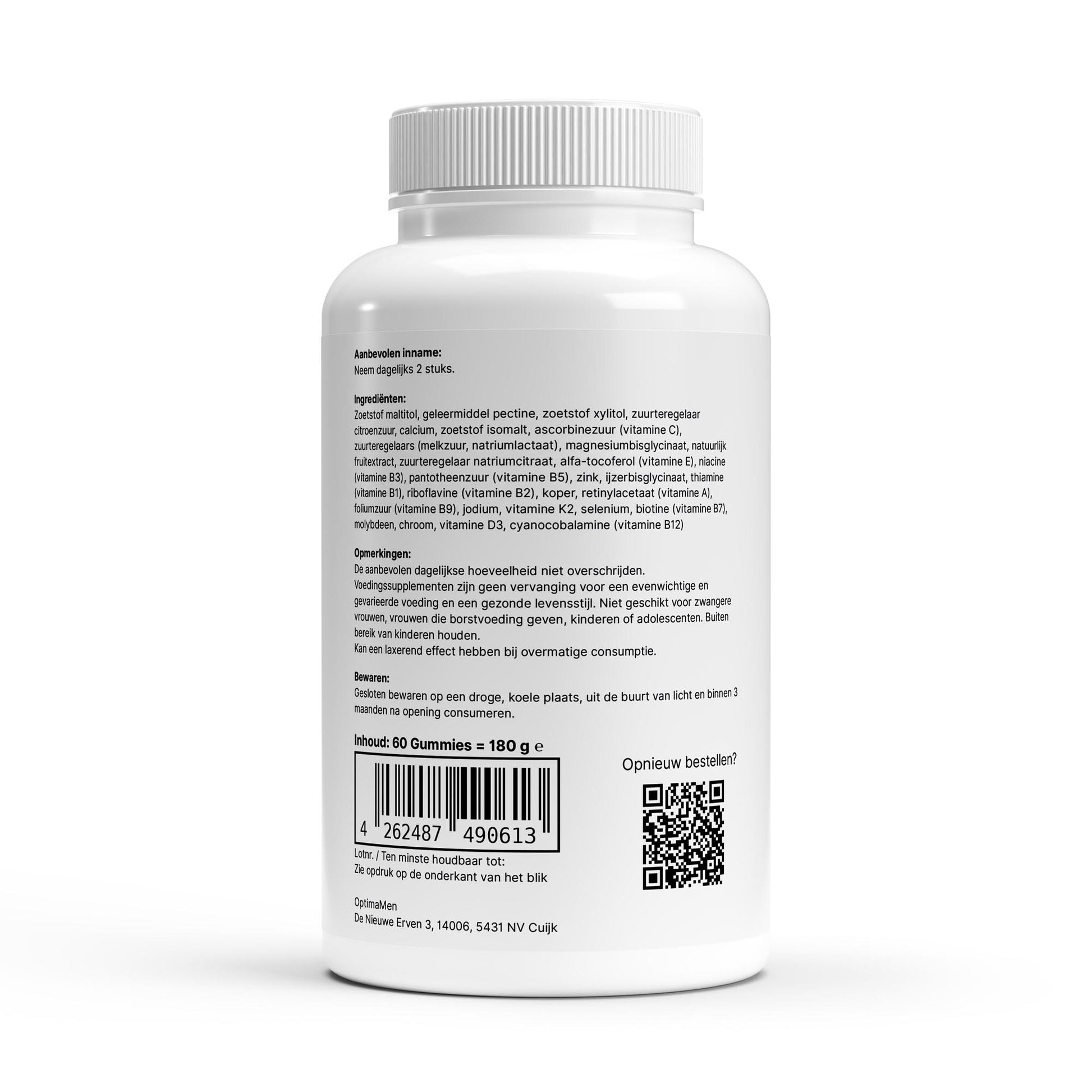 Multivitamine gummies verpakking met ingrediëntenlijst en gebruiksaanwijzing, zonder toegevoegde suiker.