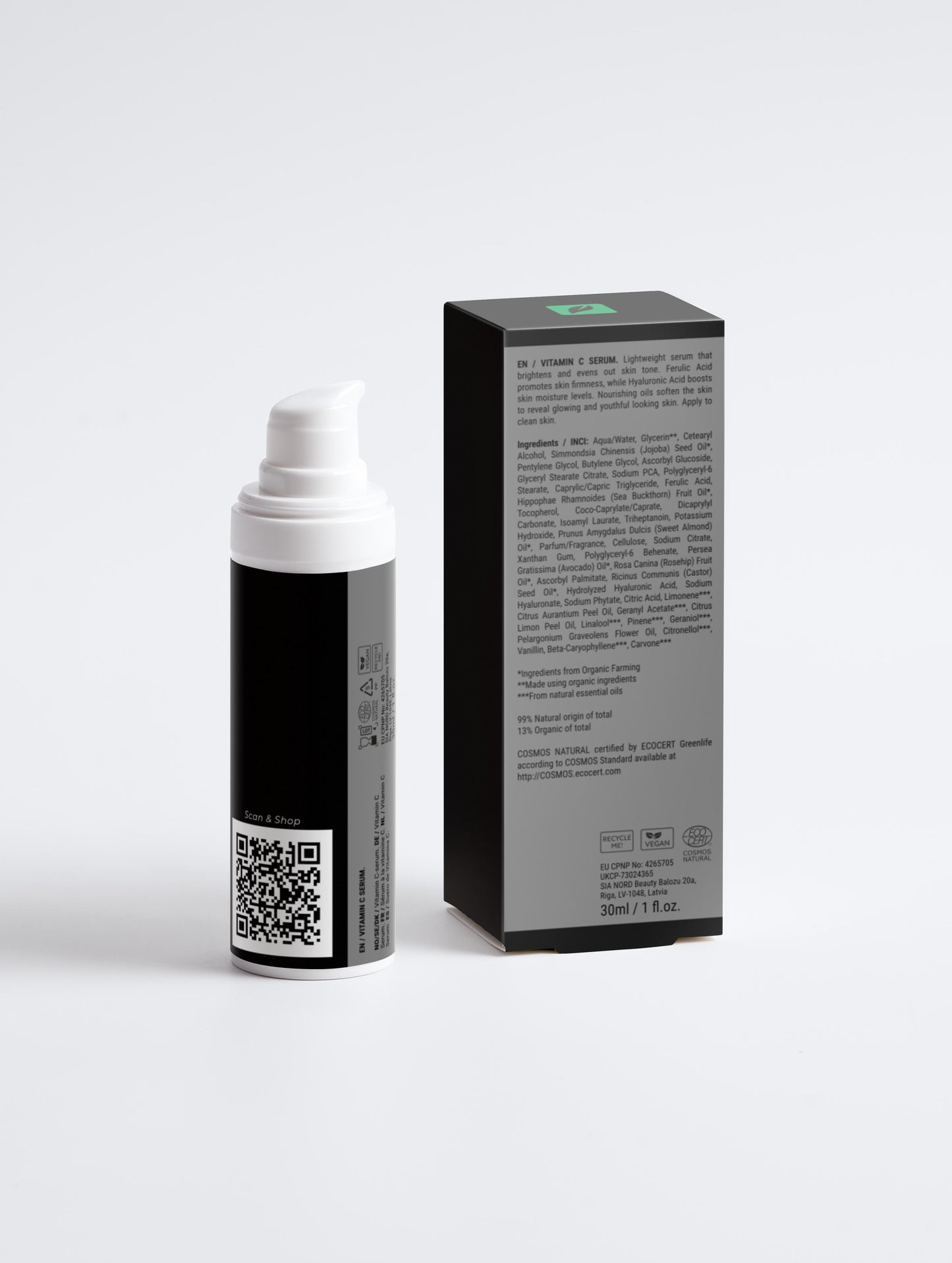 Vitamine C serum voor mannen in een zwarte verpakking met productinformatie op een witte achtergrond