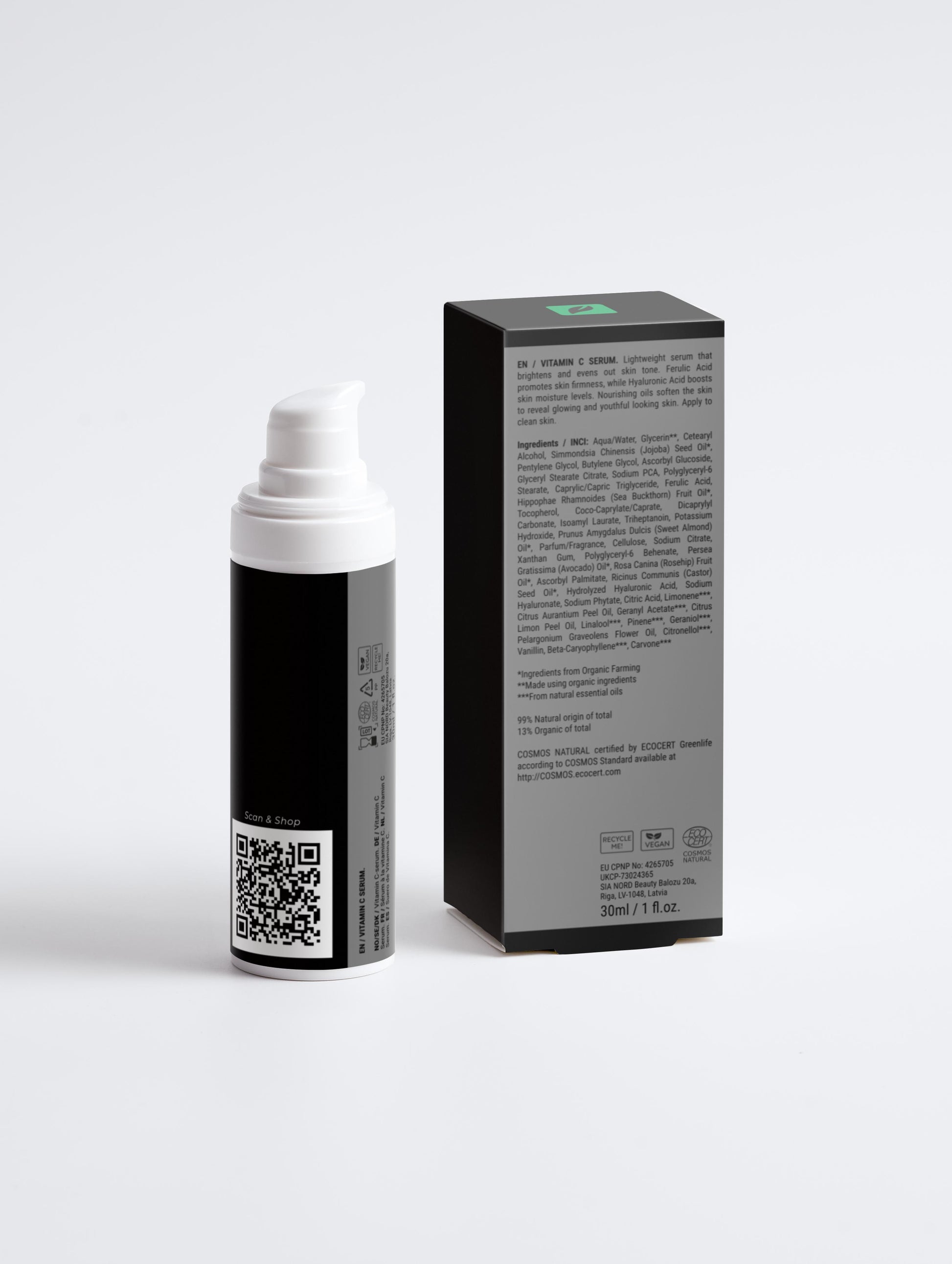 Vitamine C serum voor mannen in een zwarte verpakking met productinformatie op een witte achtergrond