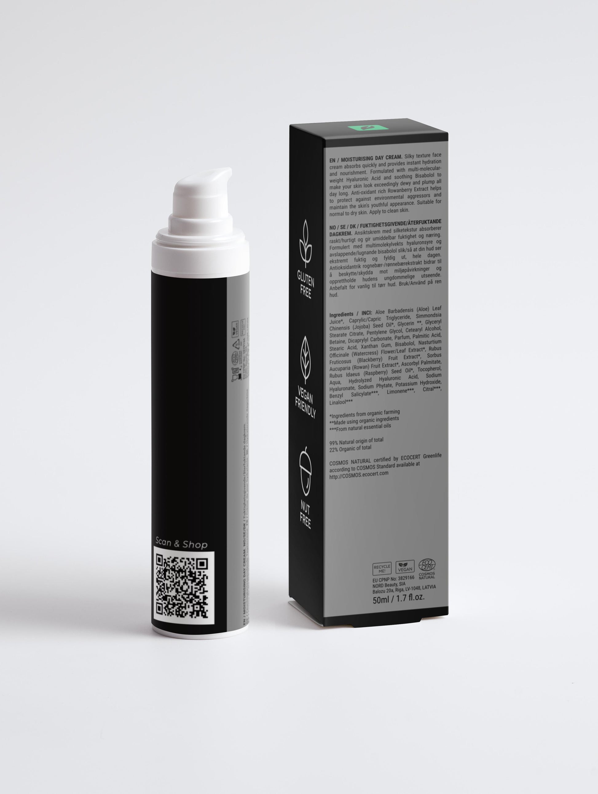 Dagcrème voor mannen in zwarte verpakking met productinformatie, op witte achtergrond