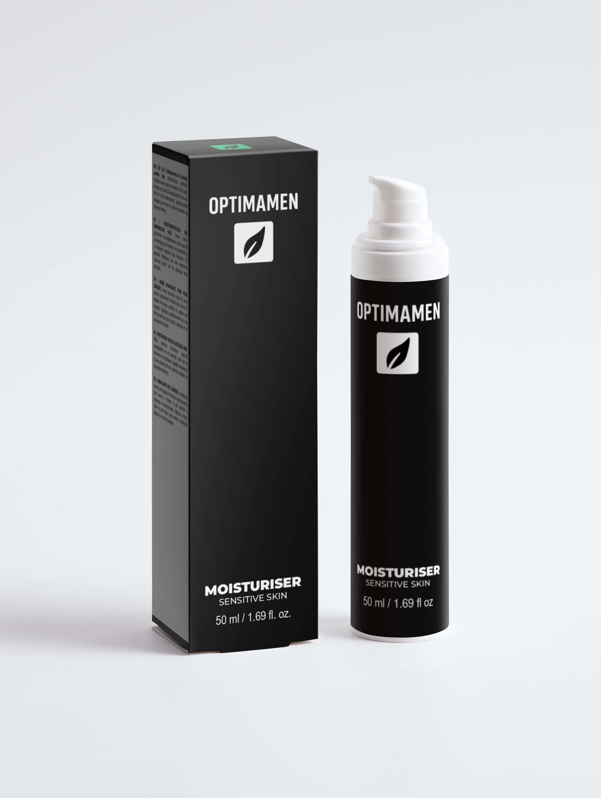 Gezichtscreme mannen gevoelige huid in een zwarte verpakking op een witte achtergrond