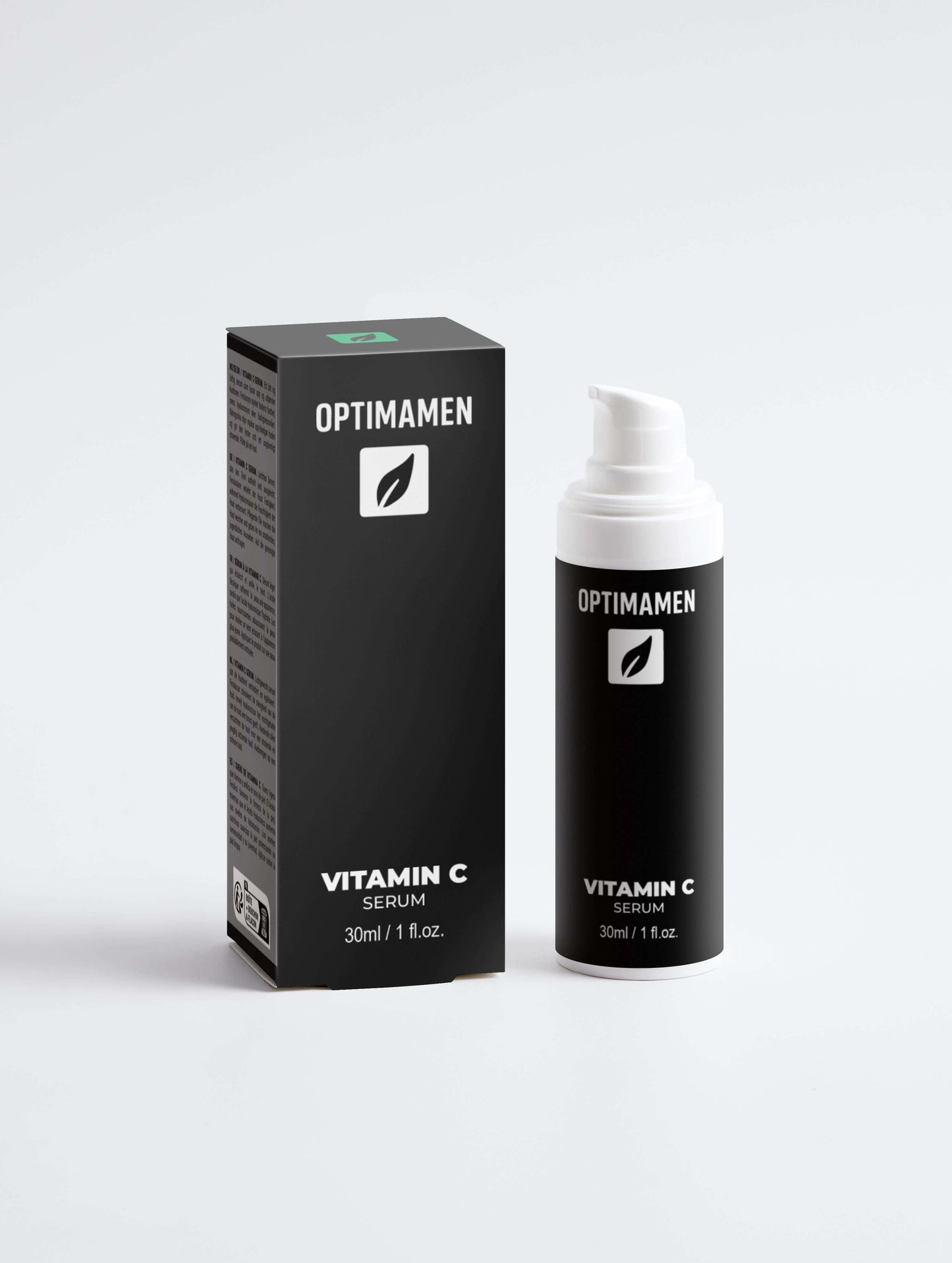 Vitamine C serum voor mannen in een zwarte verpakking op een witte achtergrond