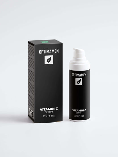 Vitamine C serum voor mannen in een zwarte verpakking op een witte achtergrond