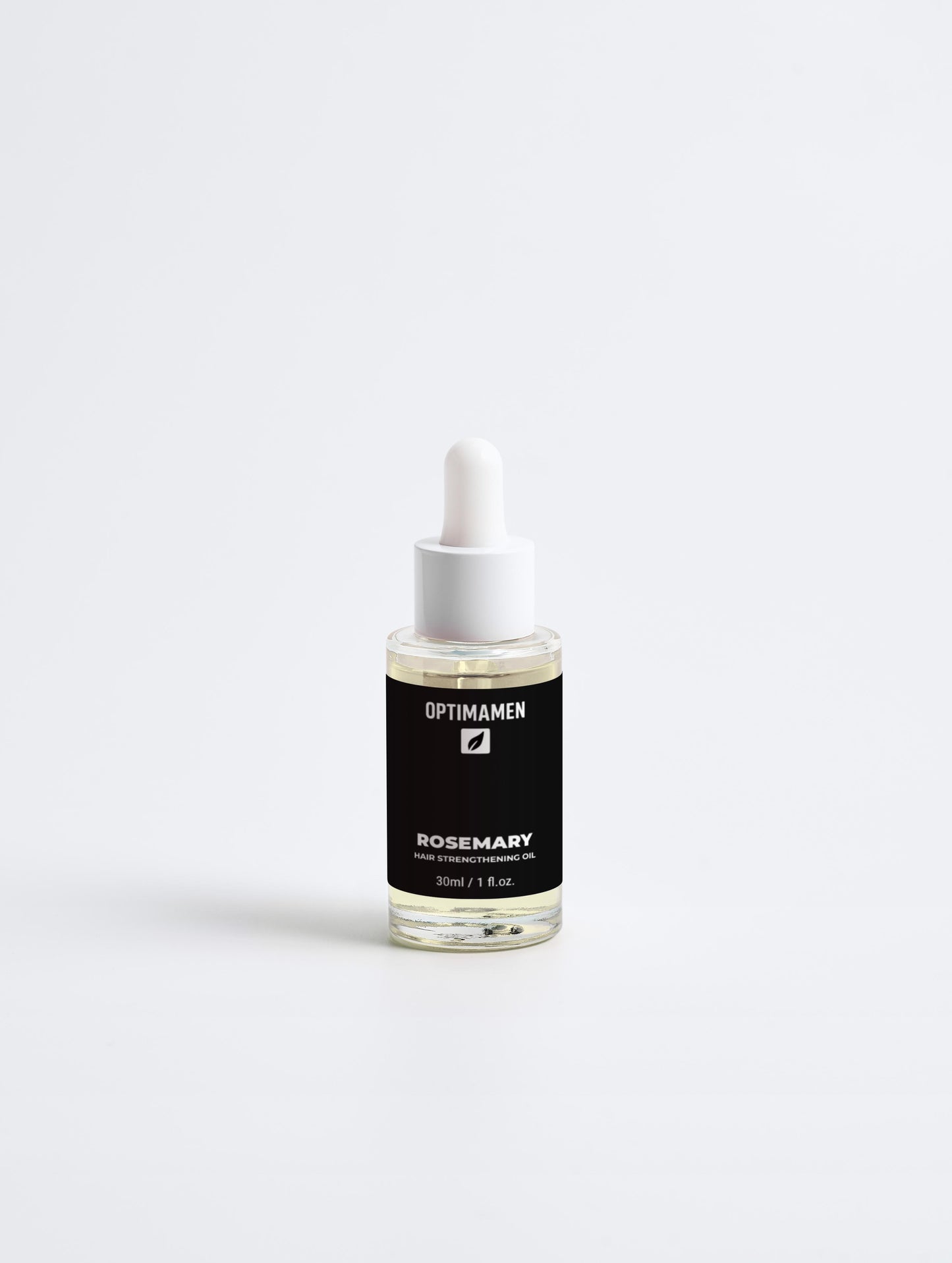 Rozemarijn haarolie voor mannen in een glazen flesje op een witte achtergrond